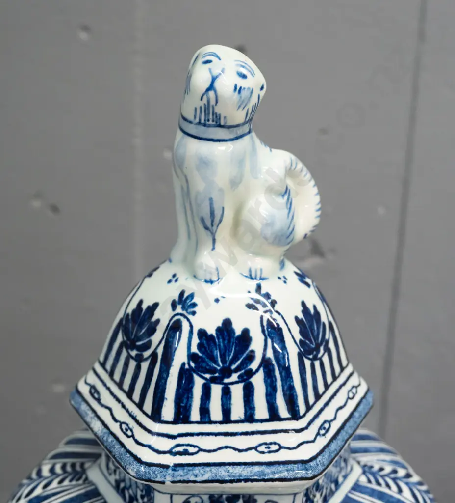 blue and white Delfts by Boch lidded urn with dog finial on lid H-360 Image 1++