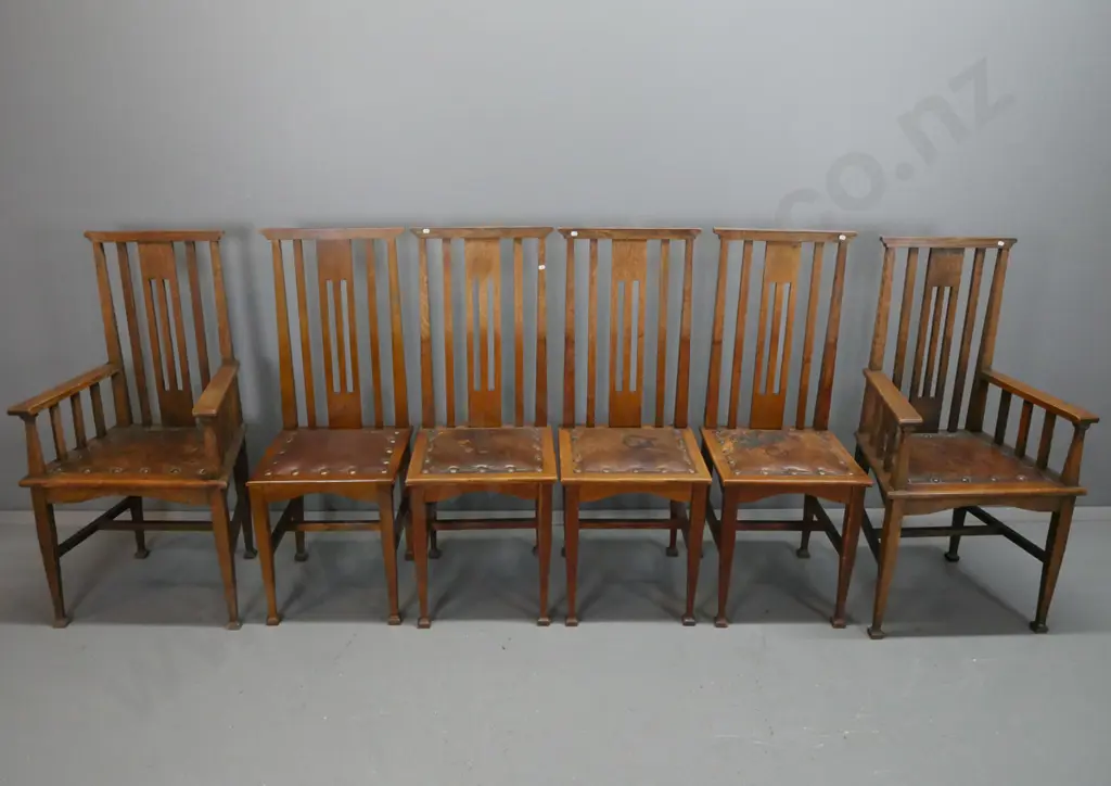 vintage oak Arts & Crafts wind-out table w/ one leaf, winding mechanism & handle works. 6x chairs: 4 diners + 2 carvers Image 1++