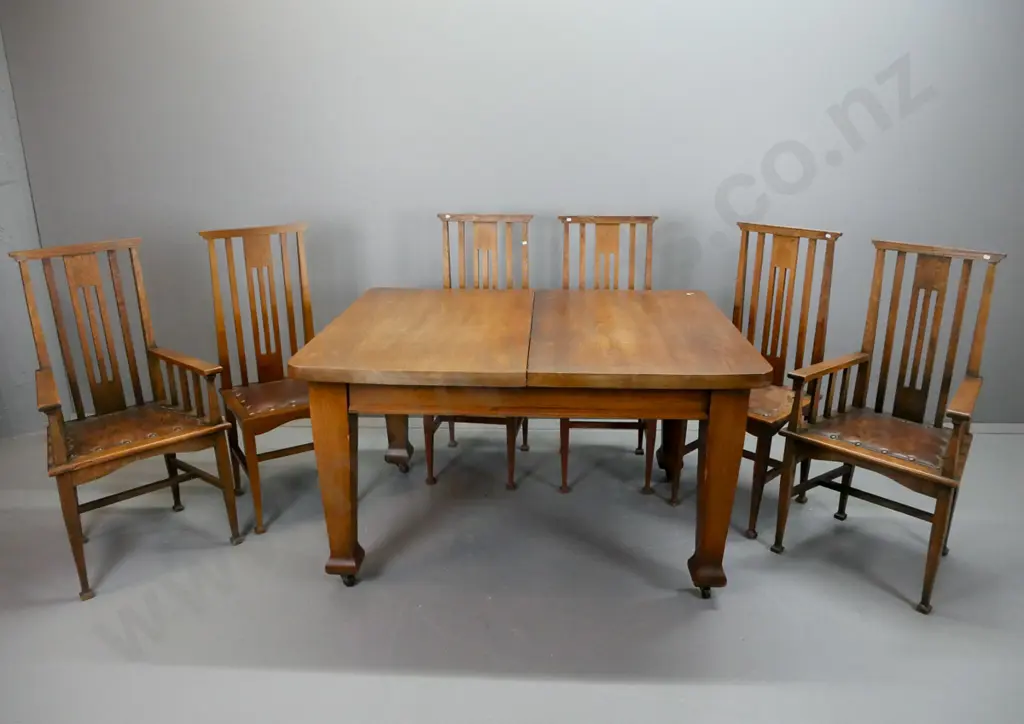 vintage oak Arts & Crafts wind-out table w/ one leaf, winding mechanism & handle works. 6x chairs: 4 diners + 2 carvers Image 1++
