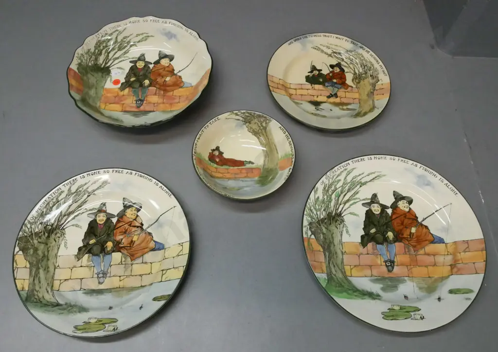 5x Royal Doulton The Gallant Fishers: large bowl, small bowl, 3x plates of varying sizes. Staining & discolouration on 2 Image 1++