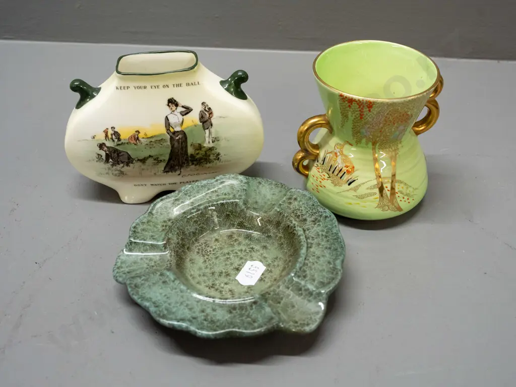 Royal Doulton small "Gibson girl" golf vase, scalloped edge hunting scene bowl, Titanian ware ashtray, and a Carlton5941 Image 1++