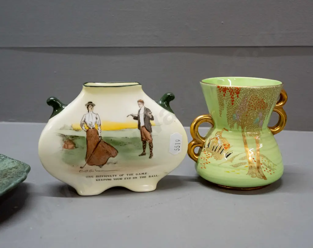 Royal Doulton small "Gibson girl" golf vase, scalloped edge hunting scene bowl, Titanian ware ashtray, and a Carlton5941 Image 1++