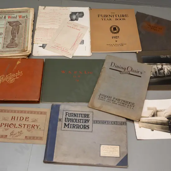 collection of vintage furniture catalogues and photographs, some stamped A&J White, including photo of A&J White