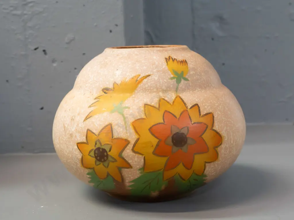 art deco style (Crown Lynn?) floral motif vase marked "38." on base - see photo of base for details. Minor staining. Image 1++