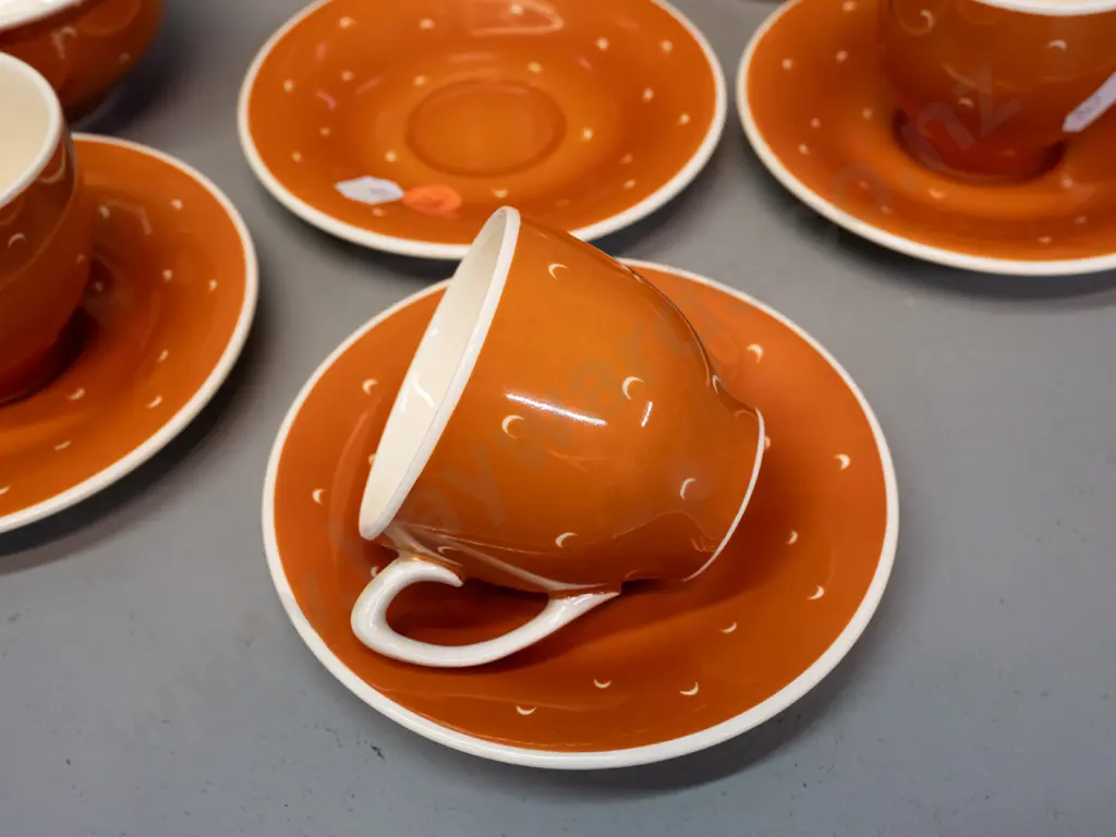 retro Susie Cooper / Crown Works Burslem part coffee set - coffee pot, cream & sugar, 3 cups & saucers, spare. Pot H-190 Image 1++