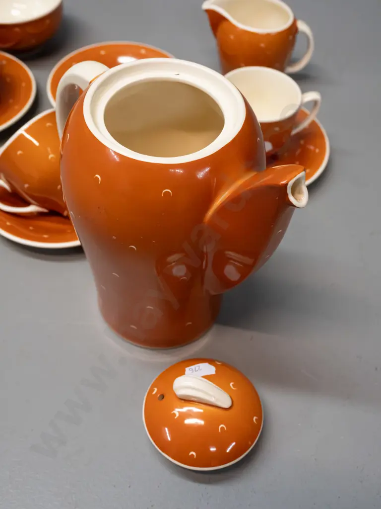 retro Susie Cooper / Crown Works Burslem part coffee set - coffee pot, cream & sugar, 3 cups & saucers, spare. Pot H-190 Image 1++
