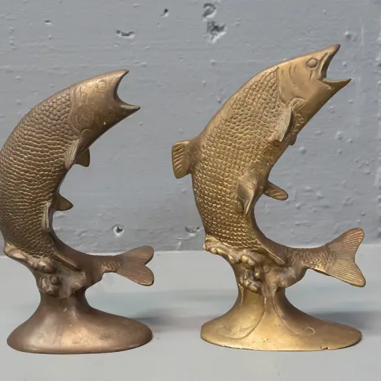 2 cast brass leaping salmon or trout figures, one with finer detail is slightly taller H-190