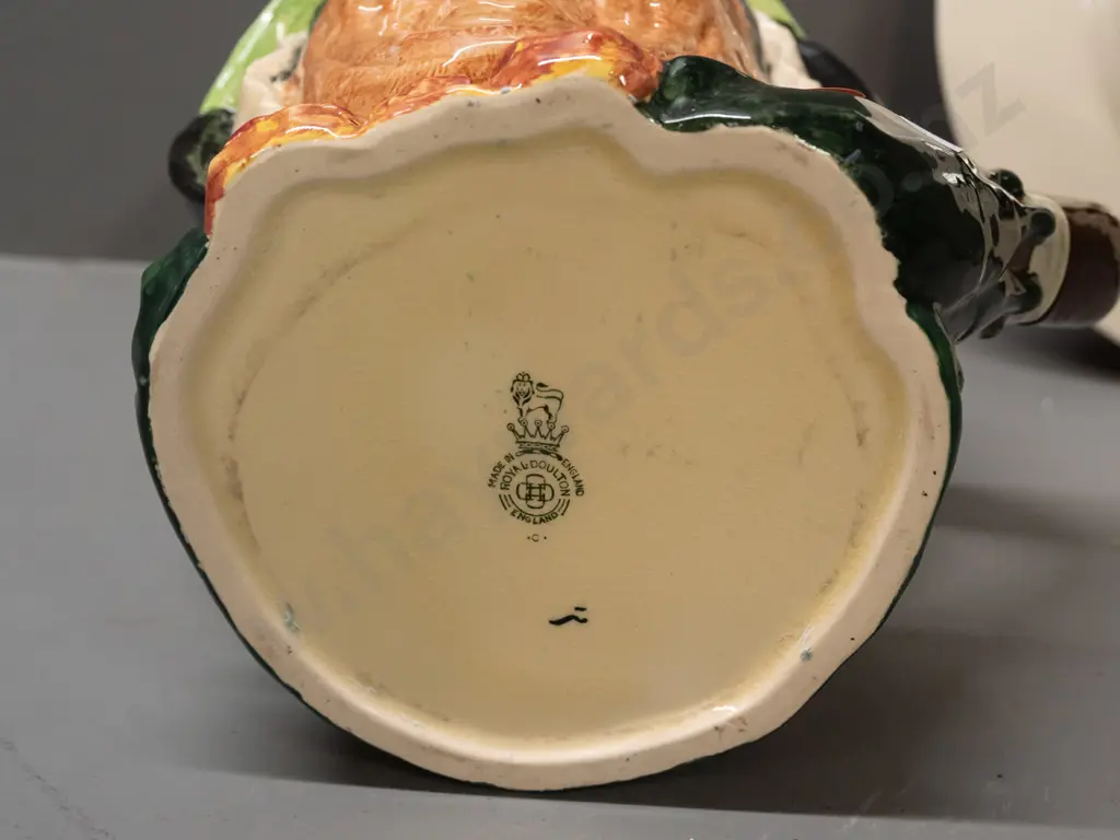 Royal Doulton large Sarey Gamp character jug H-165 and a Bunnykins wall clock - loose hands and movement need attention. Image 1++