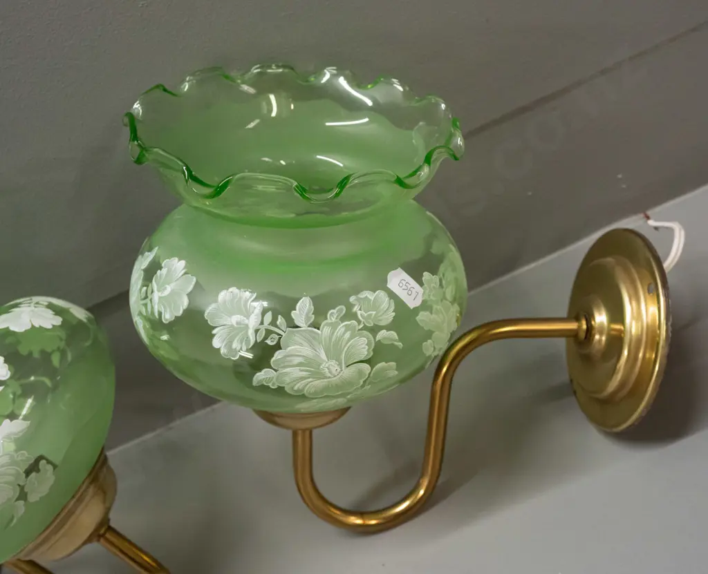 pair of brass wall-mount sconce light fittings with frilled rim green glass shades with frosted bands and white enamel Image 1++