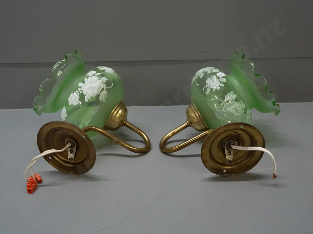 pair of brass wall-mount sconce light fittings with frilled rim green glass shades with frosted bands and white enamel Image 1++