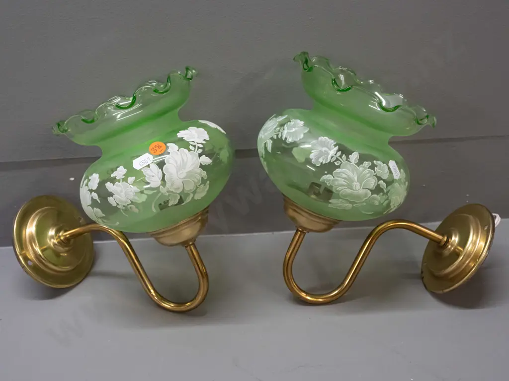 pair of brass wall-mount sconce light fittings with frilled rim green glass shades with frosted bands and white enamel Image 1++