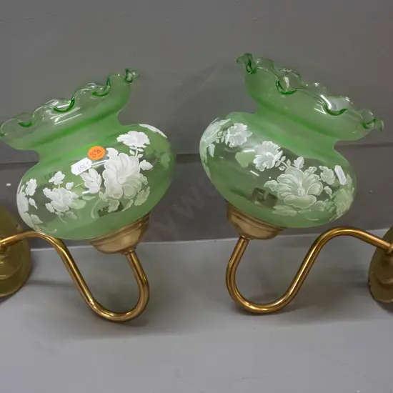 pair of brass wall-mount sconce light fittings with frilled rim green glass shades with frosted bands and white enamel