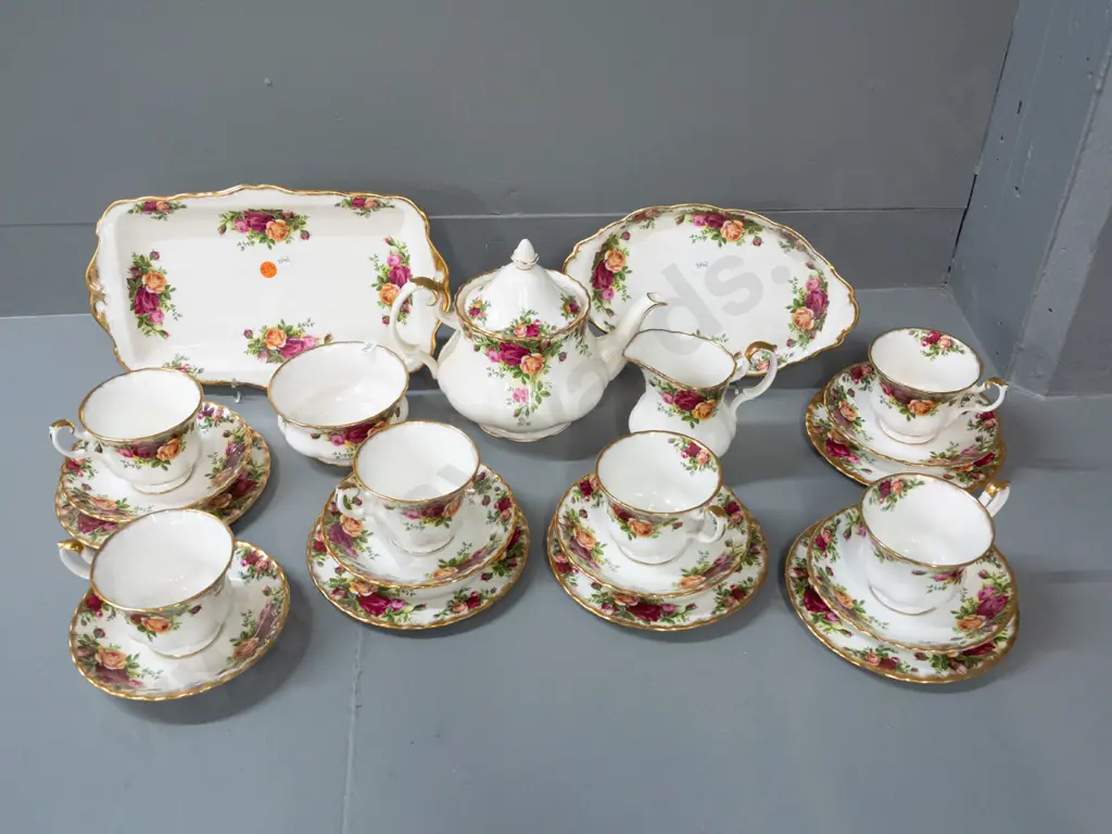 Royal Albert Old Country Roses tea ware - teapot, cream & sugar, 2 trays, 5 trios, cup & saucer - needs cleaning Image 1++