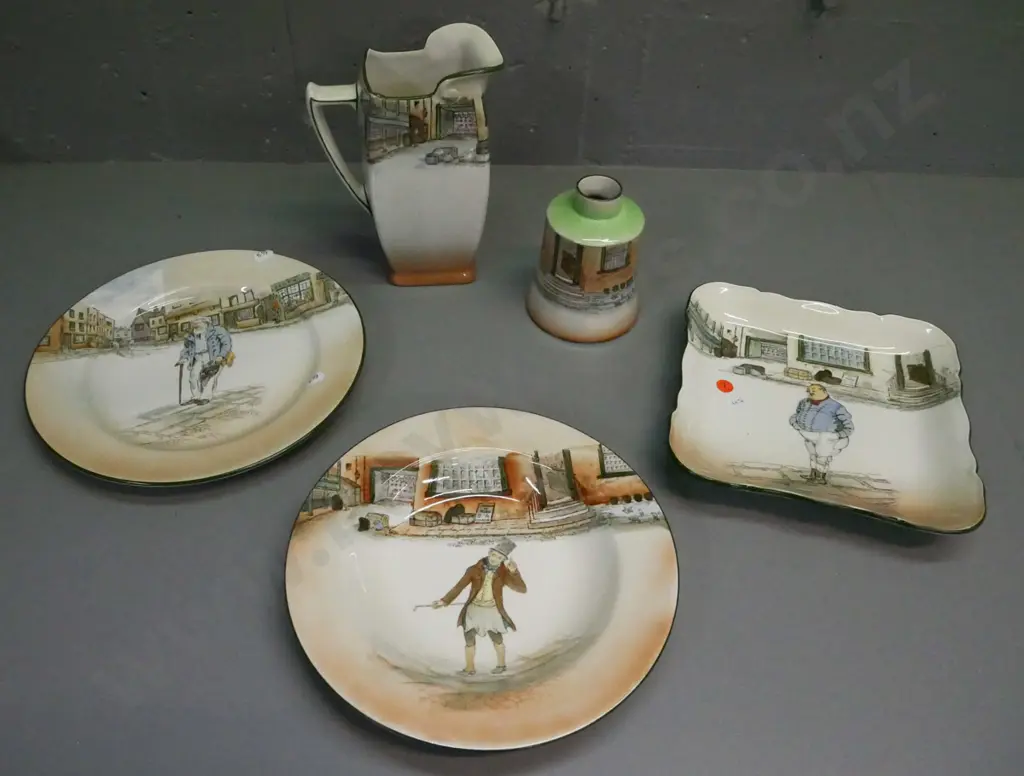 5x Royal Doulton Dickensware: jug Old Peggoty, tray Fat Boy, squat vase Fat Boy, plate Trotty Veck, plate Old Peggoty. Image 1++
