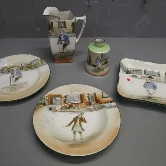 5x Royal Doulton Dickensware: jug Old Peggoty, tray Fat Boy, squat vase Fat Boy, plate Trotty Veck, plate Old Peggoty.