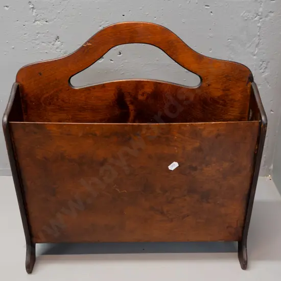 mid-century beech laminate magazine rack with cutout handle - has a chip near handle, some scratches and marks H-440