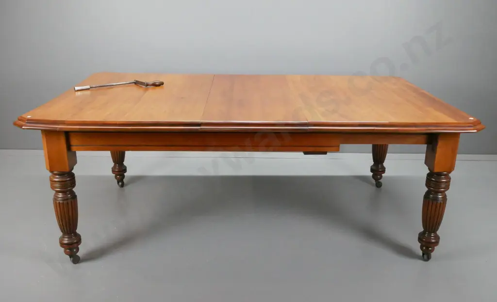 Victorian colonial kauri & rimu wind-out dining table with turned fluted legs, porcelain casters, single leaf, has been Image 1++