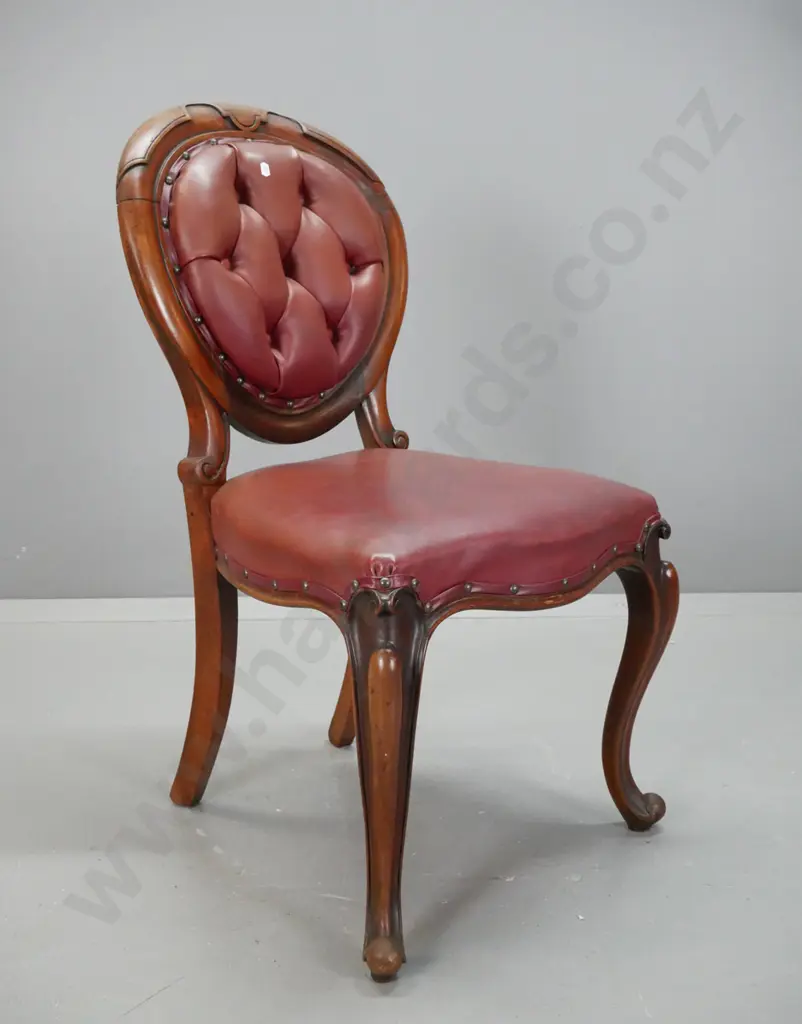 set of 4 Victorian mahogany dining chairs - deep button vinyl upholstered backs w/ studded edging, sweeping cabriolet Image 1++