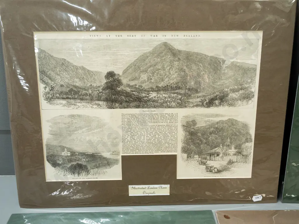 4 mat boards with mounted Illustrated London News illustrations of New Zealand Scenes circa 1864 - largest is H470 W340 Image 1++