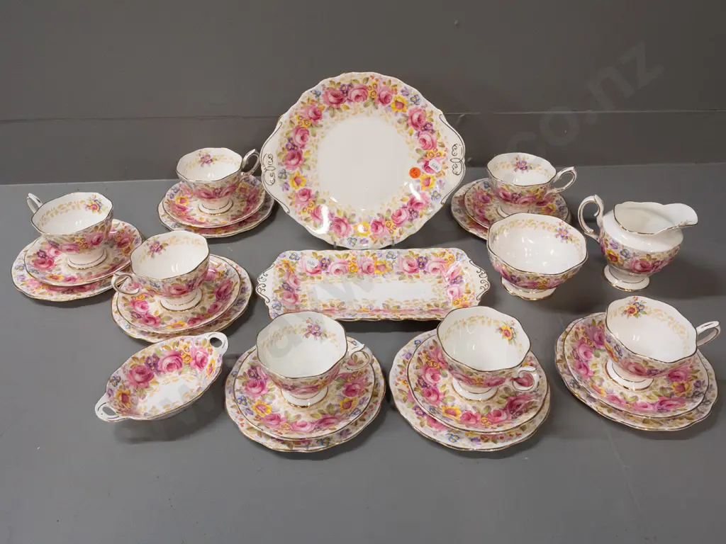 Royal Albert "Serena" pattern tea ware - 7 trios, cake plate W-250, sandwich tray, small dish cream & sugar Image 1++