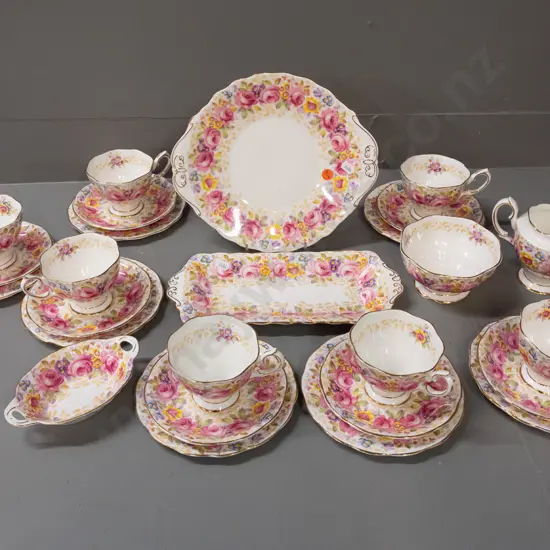 Royal Albert "Serena" pattern tea ware - 7 trios, cake plate W-250, sandwich tray, small dish cream & sugar