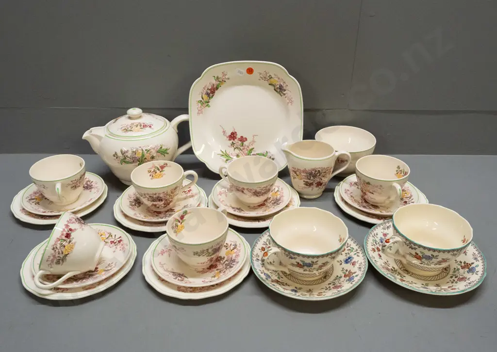 vintage Copeland Spode floral tea ware - 22-piece tea set plus 2 "Royal Jasmine" breakfast cups and saucers. Cake plate Image 1++