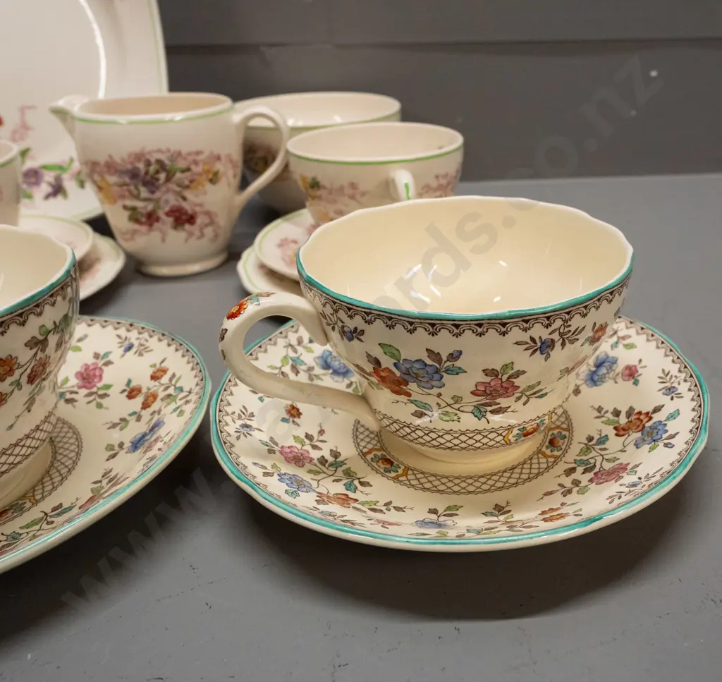 vintage Copeland Spode floral tea ware - 22-piece tea set plus 2 "Royal Jasmine" breakfast cups and saucers. Cake plate Image 1++