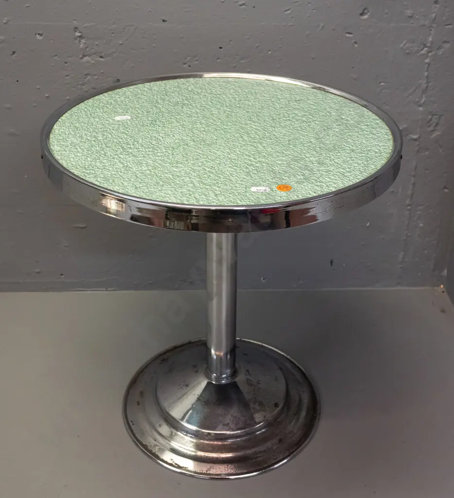 deco round chrome and mottled green formica side table - some pitting to chrome around base H-395 D-385 Image 1++
