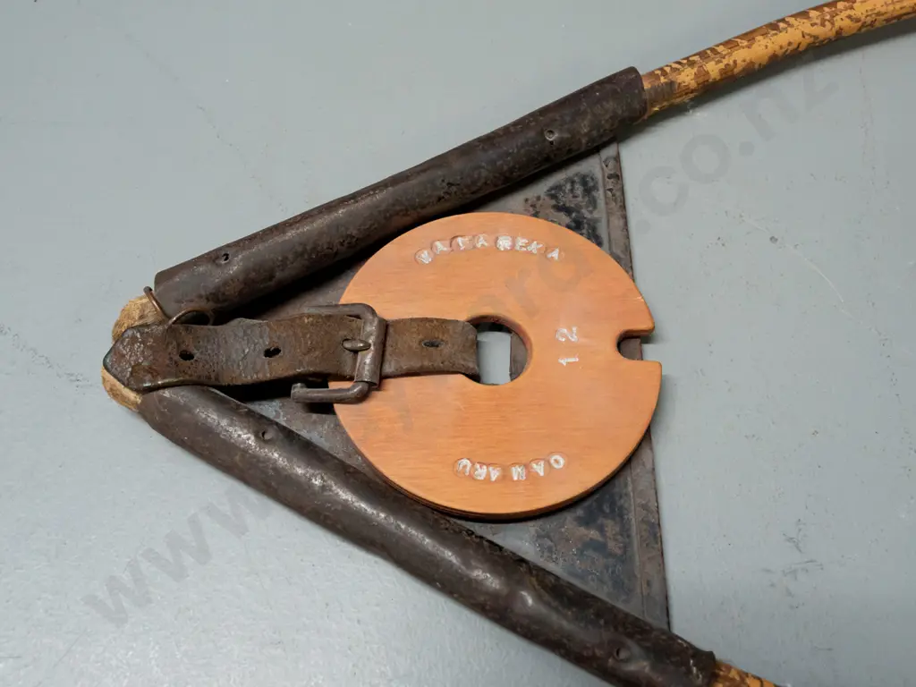 vintage railway tablet holder with replacement tablet marked Oamaru & Waiareka - with  bamboo hoop. Age and paint wear, Image 1++