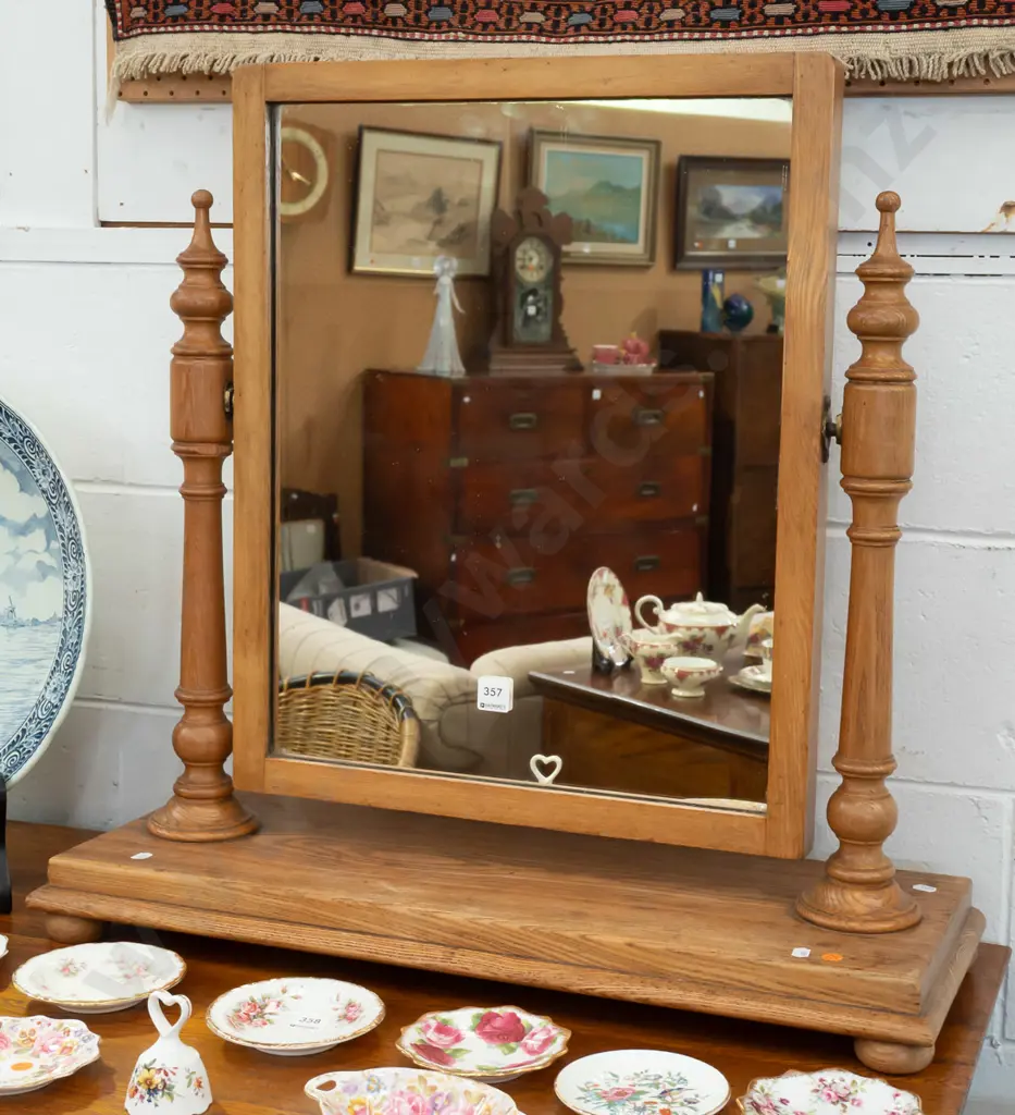 Victorian oak dresser-top rectangular mirror with turned supports, platform base on squat bun feet. Fading and marks to Image 1++