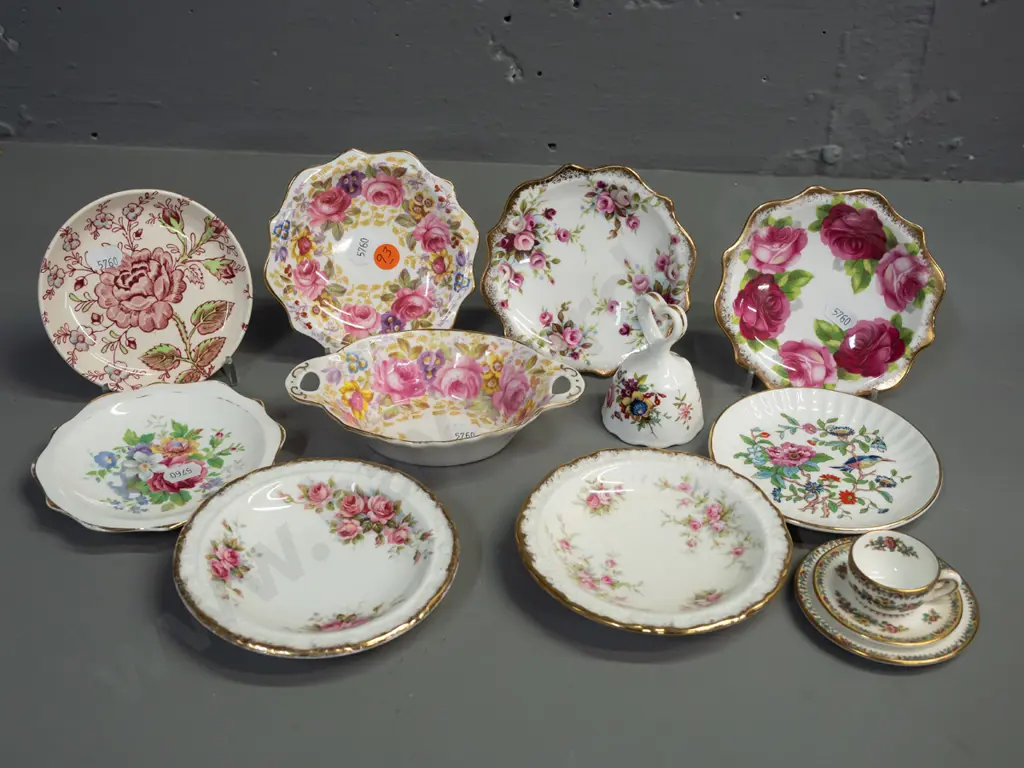 assorted small fine china items: Royal Albert, Paragon, Aynsley & other pin dishes, bell, handled dish and a Coalport Image 1++