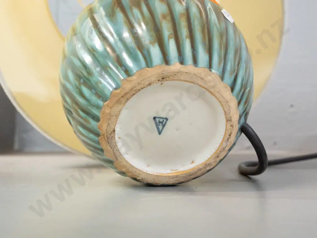 Hanmer pottery ribbed mottled blue and brown glaze table lamp H-380 including shade, base D-140 Image 1++