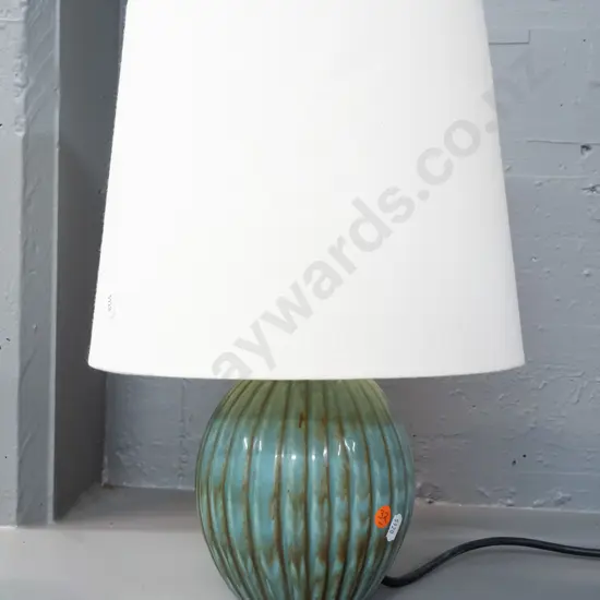Hanmer pottery ribbed mottled blue and brown glaze table lamp H-380 including shade, base D-140