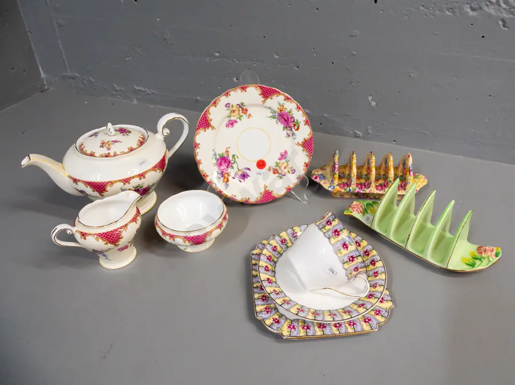 assorted English china - Aynsley teapot, cream, sugar and plate, Aynsley trio, Royal Winton toast rack and one other Image 1++
