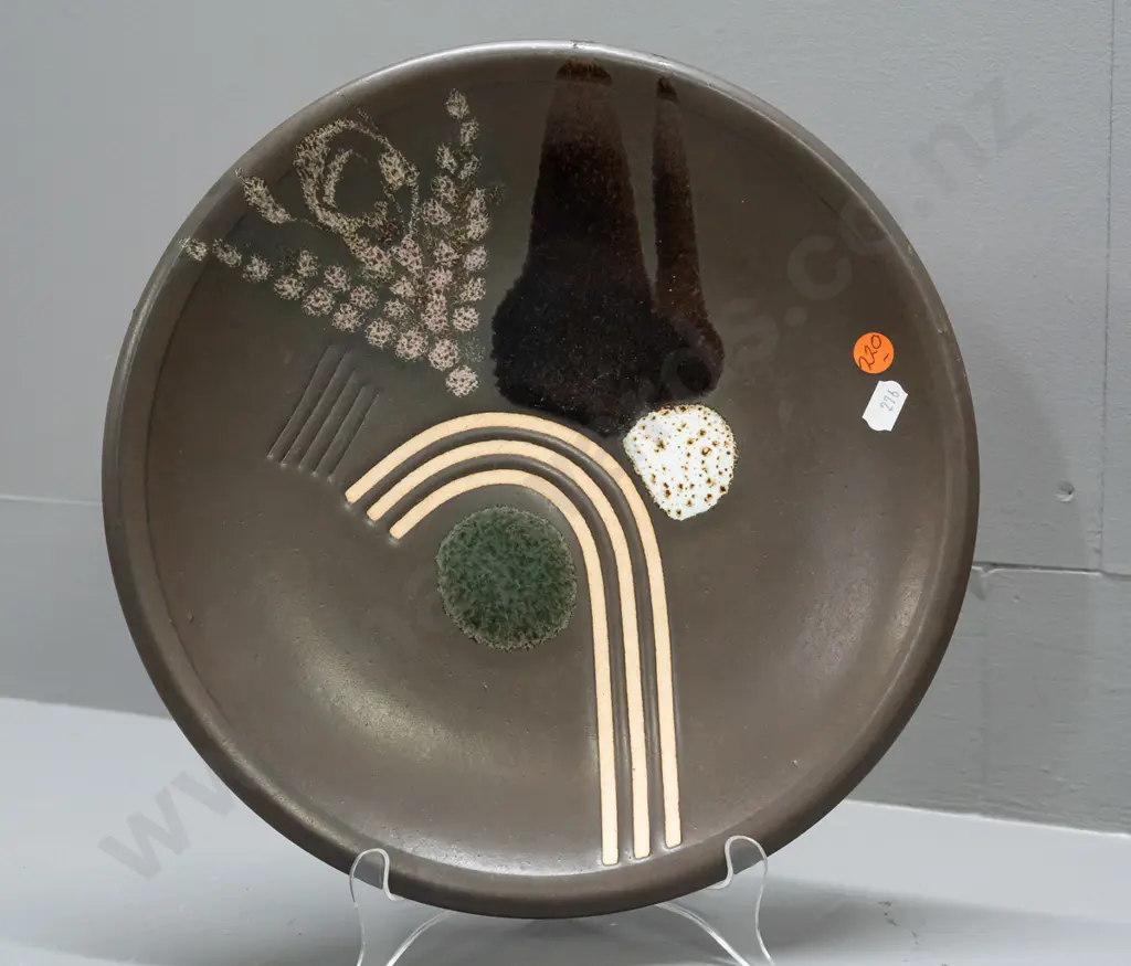 Brian Gartside studio pottery platter with paper label on back - Waikato River design theme D-300 Image 1++