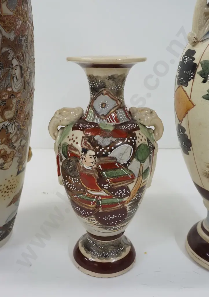 3 Satsuma vases - largest H-450 has damage to applied scrolling & handles, medium size has some staining. Image 1++