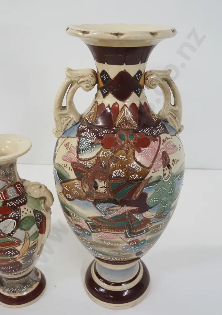 3 Satsuma vases - largest H-450 has damage to applied scrolling & handles, medium size has some staining. Image 1++