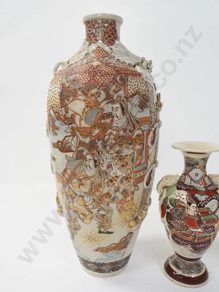 3 Satsuma vases - largest H-450 has damage to applied scrolling & handles, medium size has some staining. Image 1++
