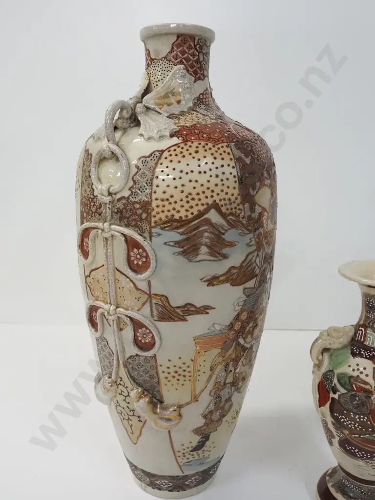 3 Satsuma vases - largest H-450 has damage to applied scrolling & handles, medium size has some staining. Image 1++