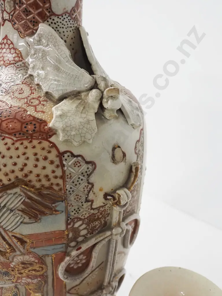 3 Satsuma vases - largest H-450 has damage to applied scrolling & handles, medium size has some staining. Image 1++