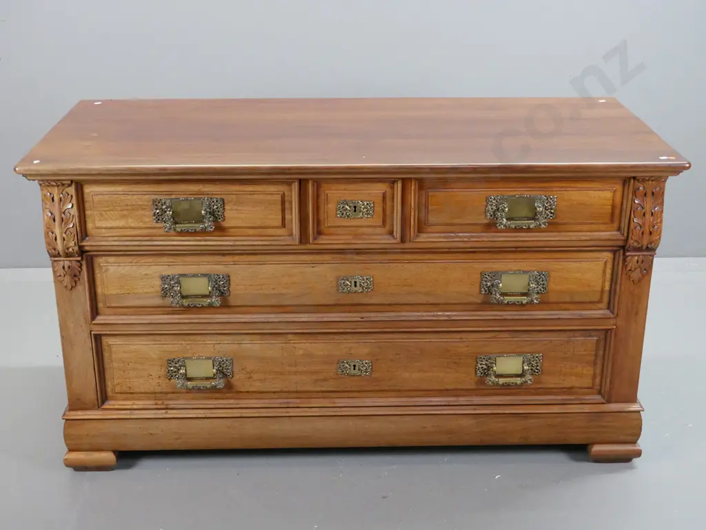 French walnut oak-lined 5 drawer chest with foliate carved corbels, panelled sides, stepped feet, rococo style Image 1++