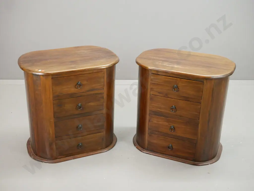 pair of asian mahogany 4-drawer bedside tables with rounded sides, metal ring handles - some joins are splitting apart Image 1++