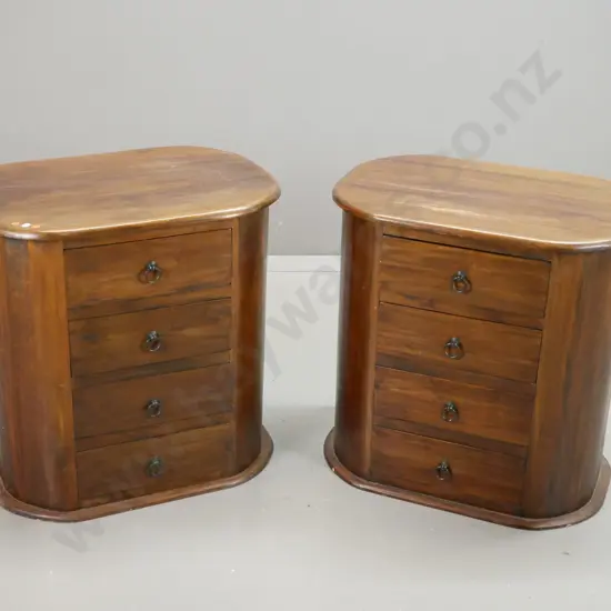 pair of asian mahogany 4-drawer bedside tables with rounded sides, metal ring handles - some joins are splitting apart