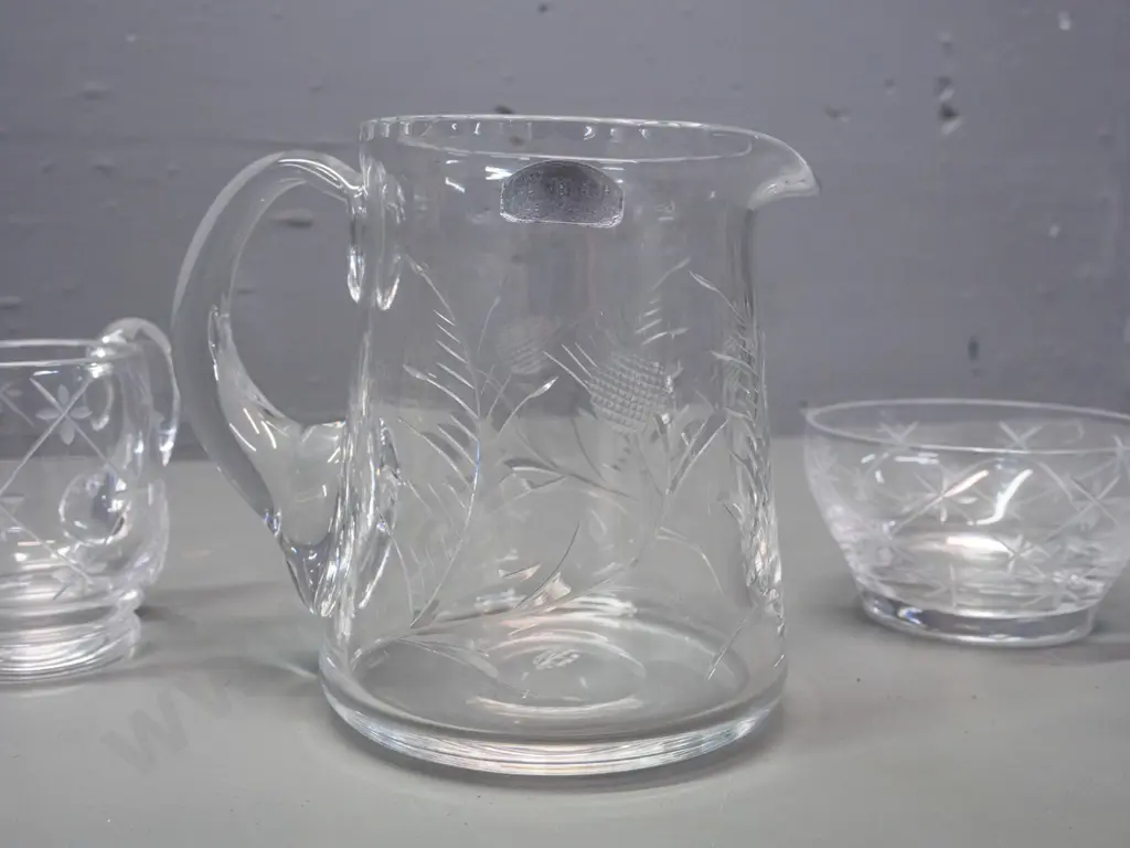 assorted cut crystal items including Edinburgh thistle jug H-140 W-160, Stewart jug & bowl, other unmarked pieces Image 1++