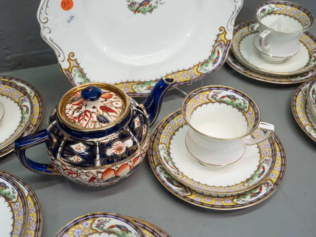 Arthur Woods small gilt imari style teapot and Paragon floral & pheasant motif part tea set - cake plate, 5 trios, jug, Image 1++