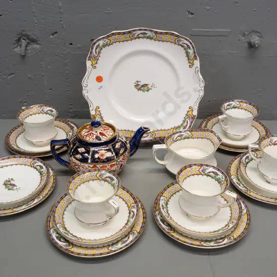 Arthur Woods small gilt imari style teapot and Paragon floral & pheasant motif part tea set - cake plate, 5 trios, jug,