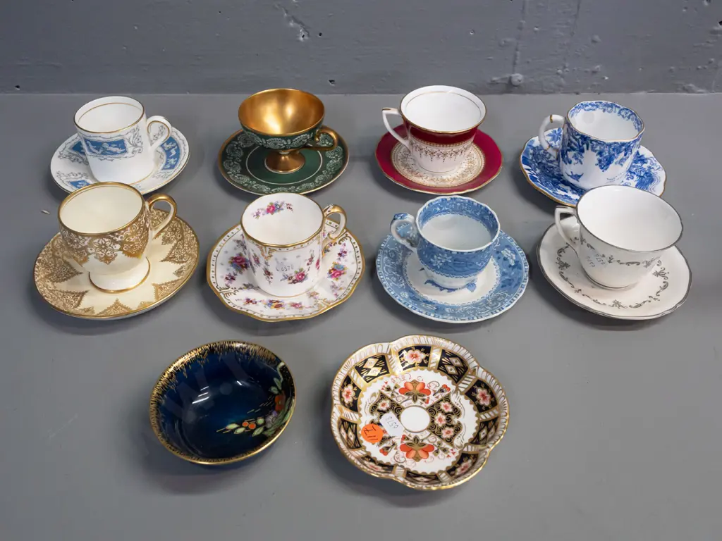 8 assorted china coffee cups & saucers - Coalport, Crown Derby, Royal Worcester - & Crown Devon & Crown Derby pin dishes Image 1++
