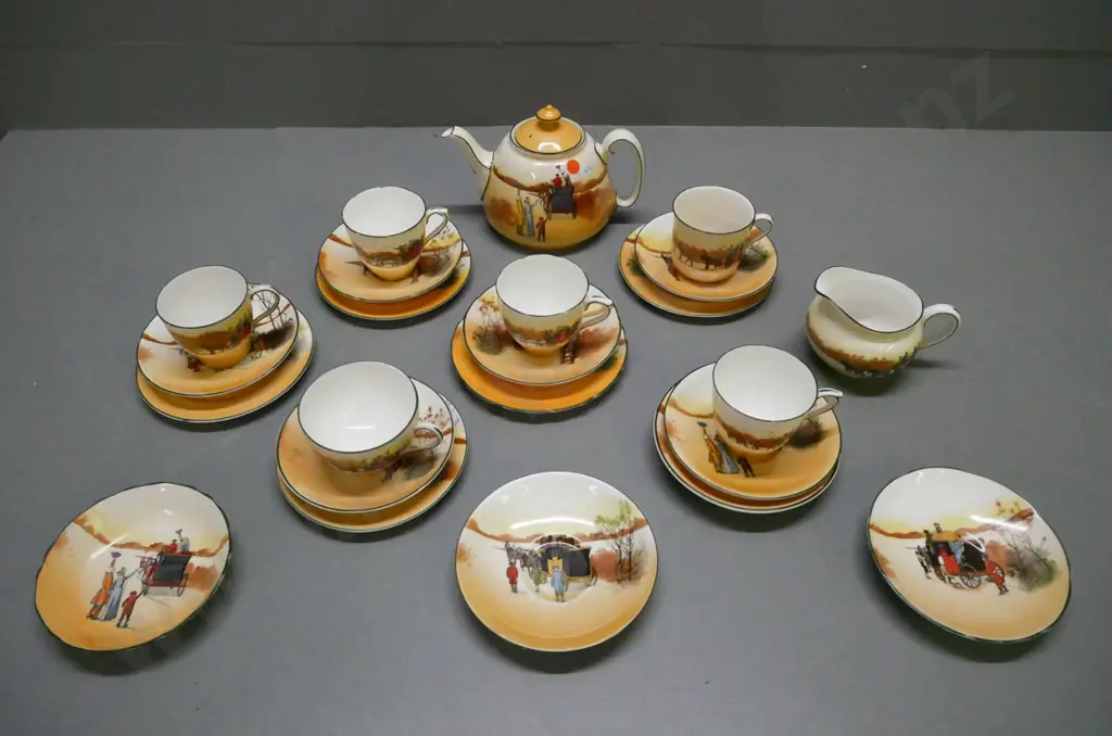 Royal Doulton coaching scenes tea set: teapot, cream jug, sugar dish, 6x mixed trios w/ different shaped teacups, 2x Image 1++