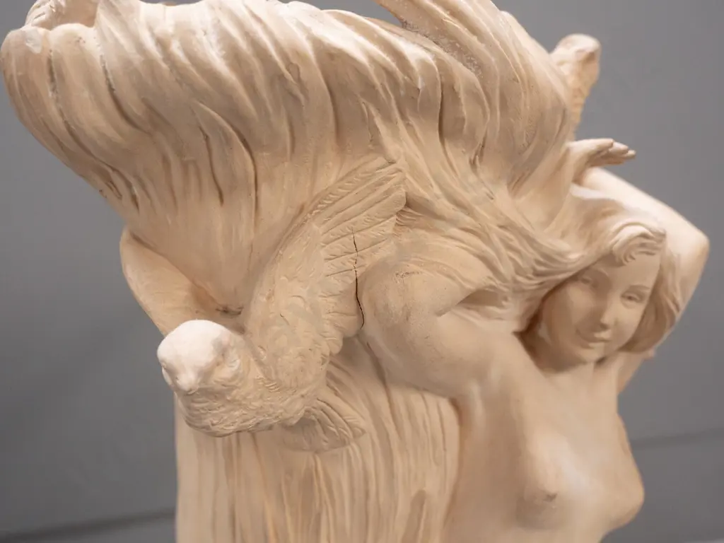 large art nouveau bisque pottery vase - maiden figure with doves, unknown mark on base. Minor chip to one bird, firing Image 1++