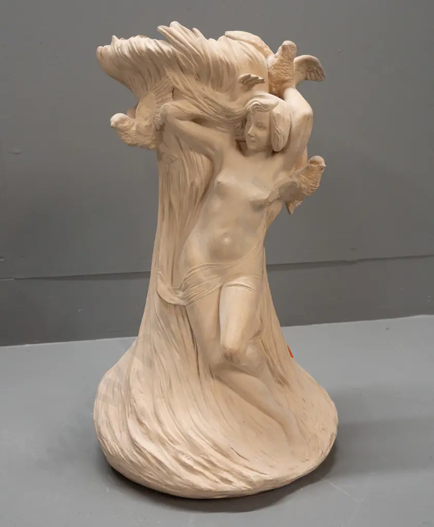 large art nouveau bisque pottery vase - maiden figure with doves, unknown mark on base. Minor chip to one bird, firing Image 1++